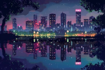 Leinwandbilder - a city street at night with a puddle of water,