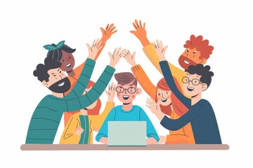 Wall Mural - a group of people sitting at a table with their hands in the air, group of coworkers celebrating a successful project with high-fives and smiles