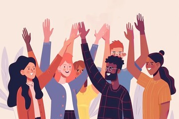 Poster - a group of people sitting at a table with their hands in the air, group of coworkers celebrating a successful project with high-fives and smiles