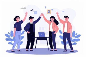 Fototapete - a group of people sitting at a table with their hands in the air, group of coworkers celebrating a successful project with high-fives and smiles