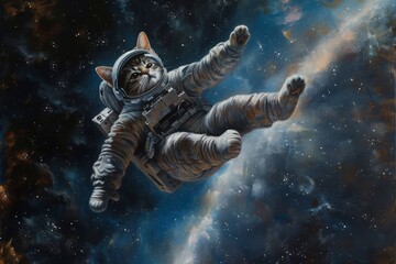 a cat in a space suit floating in the air, photorealistic painting of a cat astronaut floating in sp