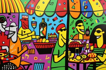 a painting of a table with a basket of food, pop art inspired depiction of lively cookout in a backyard