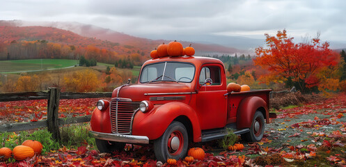 Wall Mural - Harvest autumn, red car decorated with pumpkins and fall decor parked in front of beautiful farm