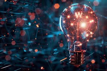 Leinwandbilder - a light bulb with a network of dots in the background, rotating 3D icon of a lightbulb symbolizes ideas