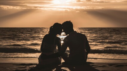 Poster - A couple sitting on the beach at sunset with a beautiful view of water, AI