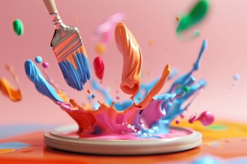 Leinwandbilder - a paintbrush is being splashed with colorful paint, spinning 3D icon of a paintbrush represents creativity