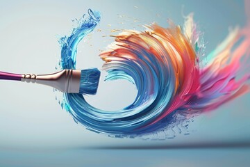 Wall Mural - a paintbrush is being splashed with colorful paint, spinning 3D icon of a paintbrush represents creativity