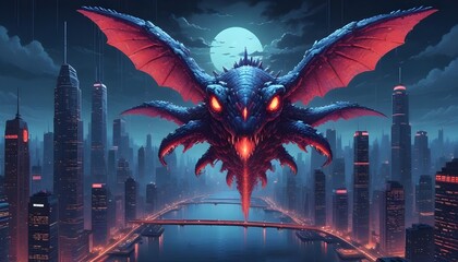 A large, menacing dragon with glowing eyes hovers over a futuristic cityscape, suggesting a fantastical or apocalyptic scenario.