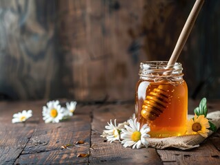 Poster - honey in a jar on a wooden table