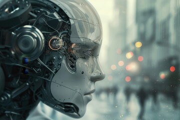 Fototapete - robot looking at city transhumanist society where humans merge with machines