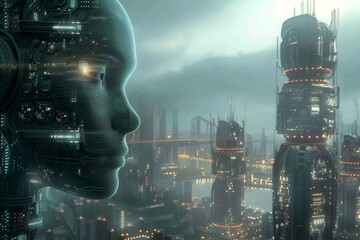 Fototapete - robot looking at city transhumanist society where humans merge with machines