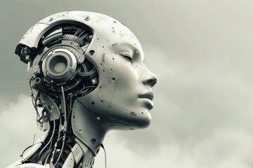 Fototapete - robot looking at city transhumanist society where humans merge with machines