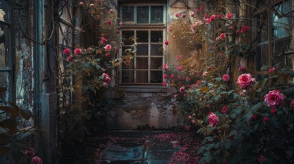 Wall Mural - Deserted garden with rose bushes