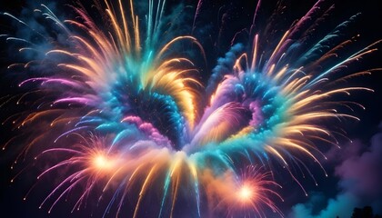 Abstract image of a colorful firework display, with multiple explosions forming a cloud-like shape. The colors are vibrant and dynamic, creating a sense of celebration and wonder.