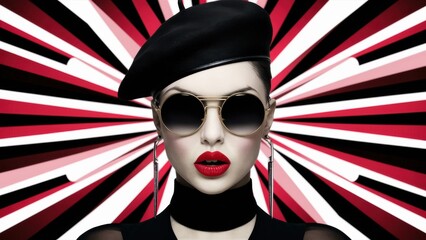 Poster - A woman with red lips and sunglasses on a background of black, white and red, AI