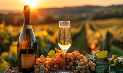 A champagne bottle and glass are set in a vineyard.