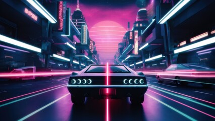 Poster - A generic synthwave car is driving down a street in the middle of neon lights, AI