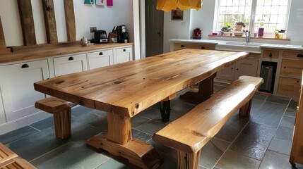 Wall Mural - Rustic Wooden Table and Benches in a Kitchen