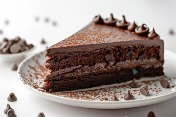 Wall Mural - A piece of chocolate cake on a white plate isolated on a white background