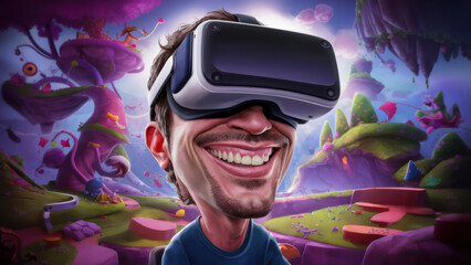 Wall Mural - A man with a smile on his face wearing virtual reality glasses, AI