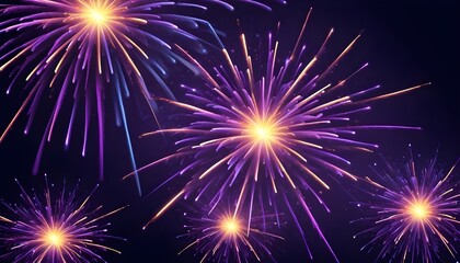 Abstract image of multiple purple and orange fireworks against a dark background. The scene has a bright and celebratory feel.