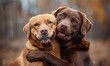 © Igal - Two happy dogs hugging each other symbolize best friends, showcasing joy and affection.