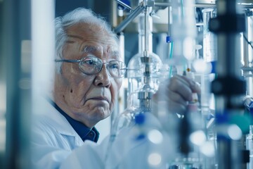 Aufkleber - An elderly scientist dressed in a lab coat is managing a complex array of modern laboratory apparatus, demonstrating focus and expertise in a highly technical environment.