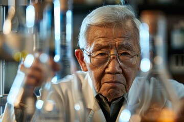 Aufkleber - This image captures an elderly scientist in a lab coat attentively reviewing chemical solutions in glass beakers, amidst the scientific environment of a modern laboratory.