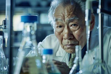 Aufkleber - An elderly scientist dressed in a lab coat is deeply engrossed in his research, surrounded by various laboratory equipment and glassware, highlighting precision and dedication.