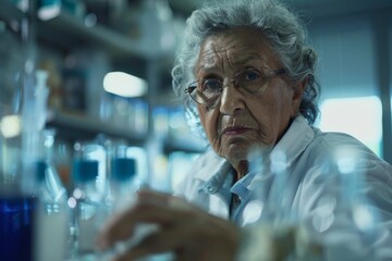 Aufkleber - A scientist conducts important research in a laboratory, thoroughly engaged in their work, surrounded by various scientific instruments and chemicals, exploring new discoveries.