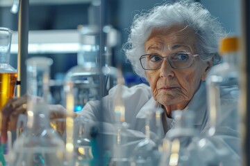 Aufkleber - An elderly female scientist with white hair and glasses works diligently amid scientific equipment in the laboratory, representing focus and dedication in advanced research.