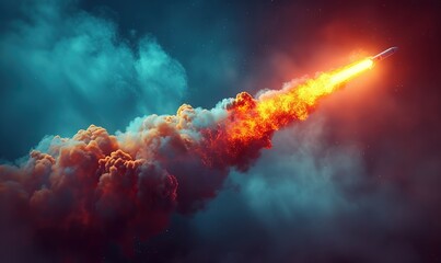 Wall Mural - a vibrant rocket launches into the sky, leaving a trail of orange smoke against a blue background, s