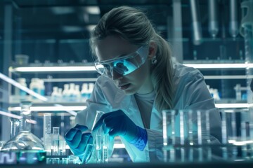 Aufkleber - A scientist in a well-equipped laboratory working intently with test tubes, emphasizing the precision and dedication necessary in scientific research and laboratory work in modern science.