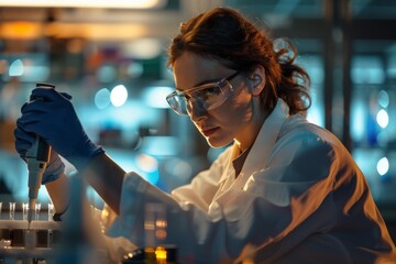 Aufkleber - A focused scientist in a laboratory conducting an experiment using a pipette, illustrating dedication, precision, and the critical role of scientific research and technological advancement.