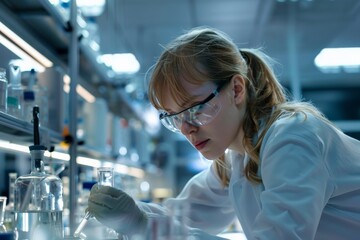 Aufkleber - A concentrated female scientist is immersed in her work as she conducts experiments in a contemporary laboratory, showcasing dedication towards scientific discoveries.