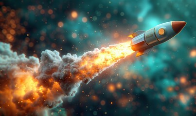 Wall Mural - a sleek retro-style rocket ship in mid-flight with a red nose and fiery exhaust stands out against a