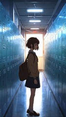 Wall Mural - busy school hallway with lockers background vertical backdrop illustration anime cartoon