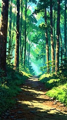 Poster - dense forest with sunlight filtering background vertical backdrop illustration anime cartoon