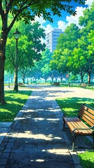 Poster - lush green park with benches background vertical backdrop illustration anime cartoon