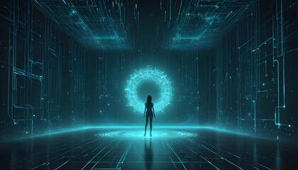 An abstract image of a woman in silhouette standing in a futuristic space, facing a glowing, turquoise ring. The space is filled with glowing lines, creating a sense of digital energy and technology.