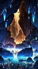 Canvas Print - mystical cave with glowing crystals background vertical backdrop illustration anime cartoon