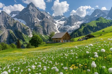 Tranquil alpine landscape with blooming meadows in summer, scenic beauty of the alps