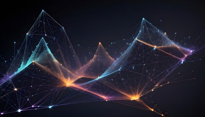 Sticker - 3D illustration of a digital network resembling a mountain range with glowing orange and blue lines.