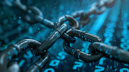 Blue broken chain symbolizes digital security break with binary code background