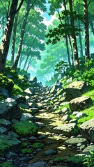 Canvas Print - serene forest with mossy rocks background vertical backdrop illustration anime cartoon