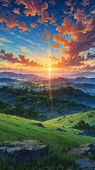 Wall Mural - serene hilltop with sunset view background vertical backdrop illustration anime cartoon