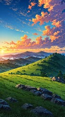 Canvas Print - serene hilltop with sunset view background vertical backdrop illustration anime cartoon