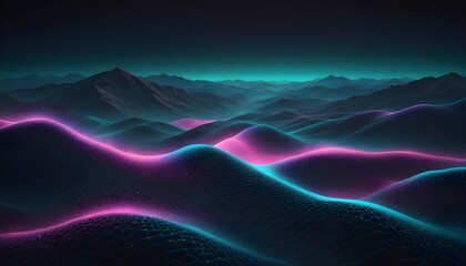 Wall Mural - A digital illustration of a futuristic landscape with mountains and rolling hills illuminated by glowing pink and blue lines. The scene creates a surreal and ethereal effect.