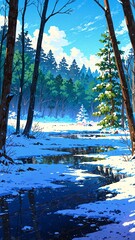 Wall Mural - snowy forest with frozen lake background vertical backdrop illustration anime cartoon