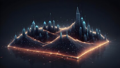 A 3D representation of a futuristic city, depicted as a wireframe model with glowing blue lines and orange accents, set on a dark background.